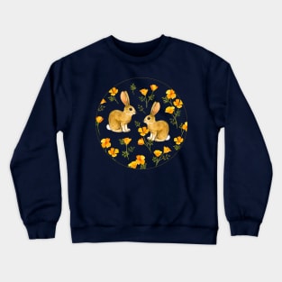 Cute Cottontail Bunnies and California Poppies in Watercolor Crewneck Sweatshirt